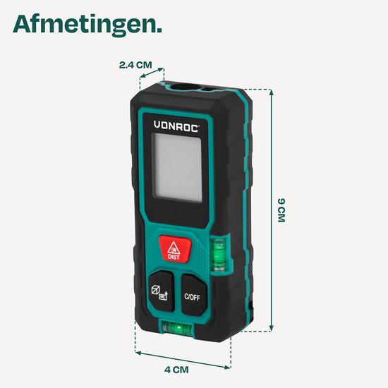 Télémètre laser VONROC – Portée de 50 mètres – Format très compact – Mesure la distance, la surface, le volume, calcul pythagoricien – Comprend des fonctions de calcul pratiques – Piles incluses