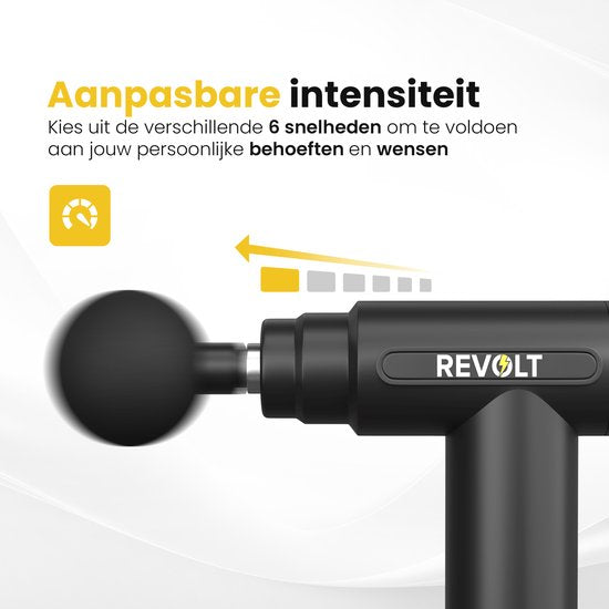 Revolt - Mini pistolet de massage - 5 accessoires inclus - Adaptateur inclus - 6 réglages de vitesse - Récupération et relaxation musculaire