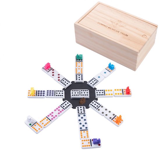 Domino Double 12 Mexican Train – 91 tuiles aux yeux colorés – Coffret en bois avec couvercle coulissant – Gare et trains inclus – Jeu de stratégie familial – Engelhart