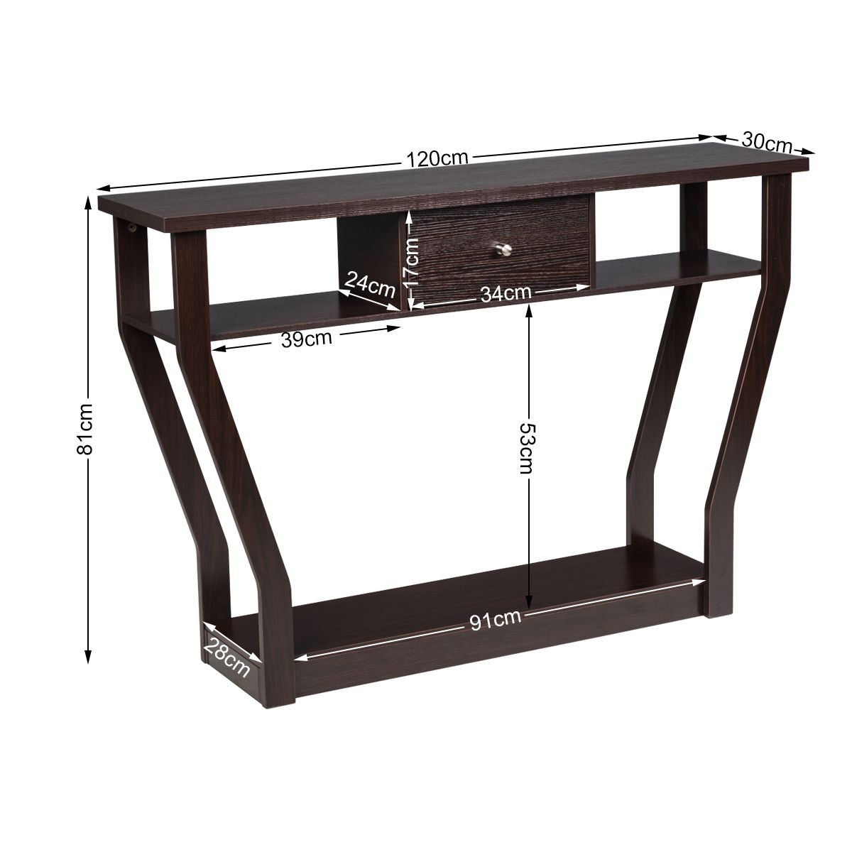 Table console Coast - 3 niveaux - Avec tiroir - MDF - 120 x 30 x 81 cm - Brun
