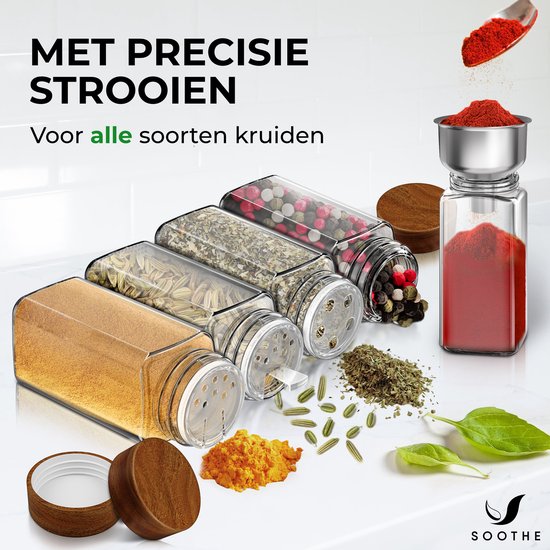 Soothe 24 pots à épices carrés en verre avec couvercle en acacia - 2 types de couvercles - Diffuseur d'épices - Pots à épices - Set complet avec autocollants pour épices, bâton de craie et accessoires - 120ml