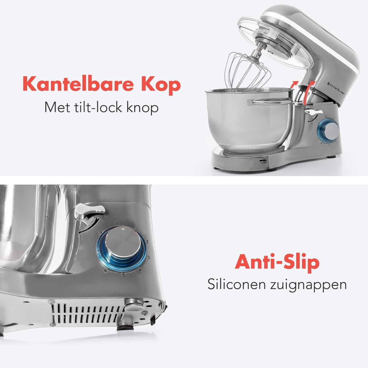 Robot de cuisine - KitchenBrothers - Robot de cuisine avec bol de 6L en acier inoxydable - avec bol de 6L - acier inoxydable - 1400W - Silver