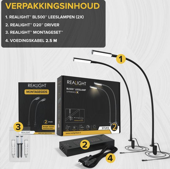Lampe de lecture LED Realight pour lit, lot de 2 - 58 cm - Noir - Lampe de chevet à intensité réglable avec commande tactile et cordon de 2,5 mètres