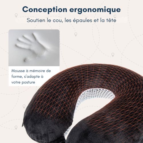 TRVLMORE Oreiller de cou - Oreiller de voyage pour l'avion et la voiture - Forme en U - Mousse à mémoire de forme - Noir