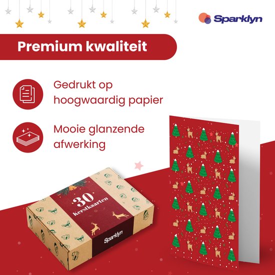 Sparklyn 30x Luxury Double-Sided Christmas Cards with Envelopes Sets - Blank - 15x10 cm - Christmas Cards 2023 - Modern