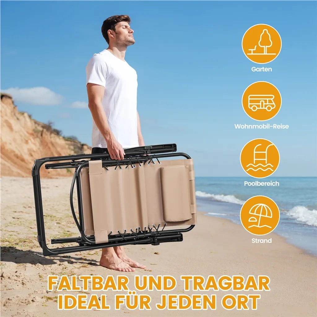 Yaheetech Lot de 2 chaises longues Zero Gravity - Beige - Chaises longues pliables avec oreiller et porte-gobelet