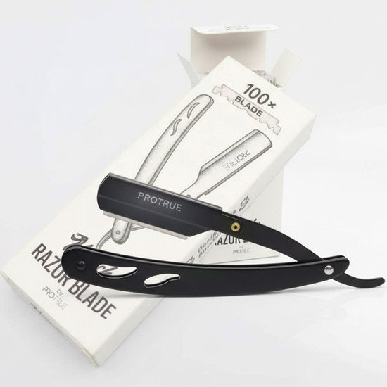Rasoir ouvert ProTrue avec 100 lames - Rasoir de barbier classique - Shavette - Rasoir de sécurité - Rasoir ouvert pour hommes