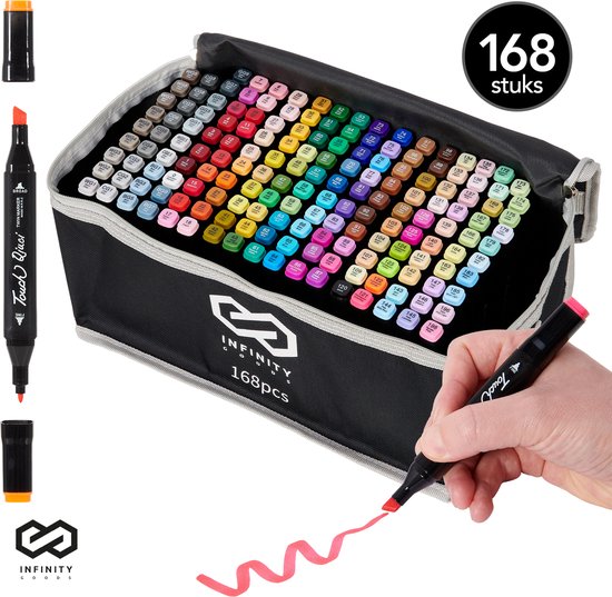 Infinity Goods Marqueurs professionnels à alcool 168 pièces - pointe double face - sac de rangement avec support