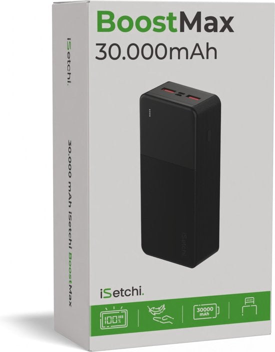 iSetchi BoostMax - Powerbank universel - 30000 mAh - Batterie externe - Pack d'urgence - USB-C & Micro USB - Chargeur portable - Charge rapide 22,5W - Noir