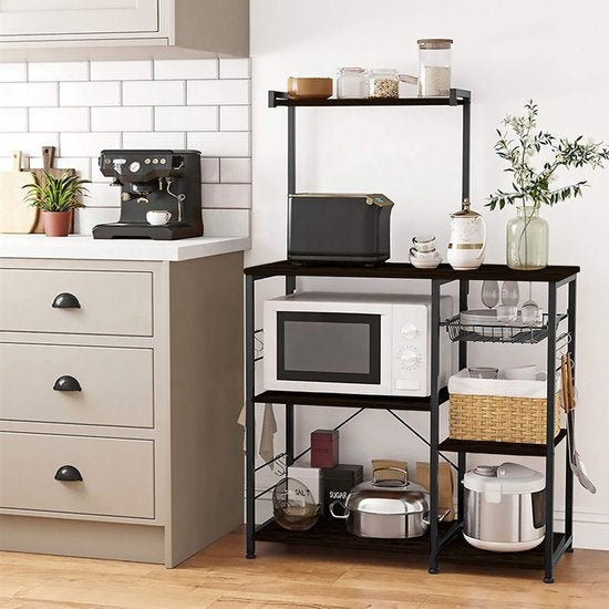 Buffet de cuisine Goliving - Étagère de cuisine verticale - Armoire à micro-ondes - Organisateur - Métal - Bois - 90 x 40 x 132 cm - Noir