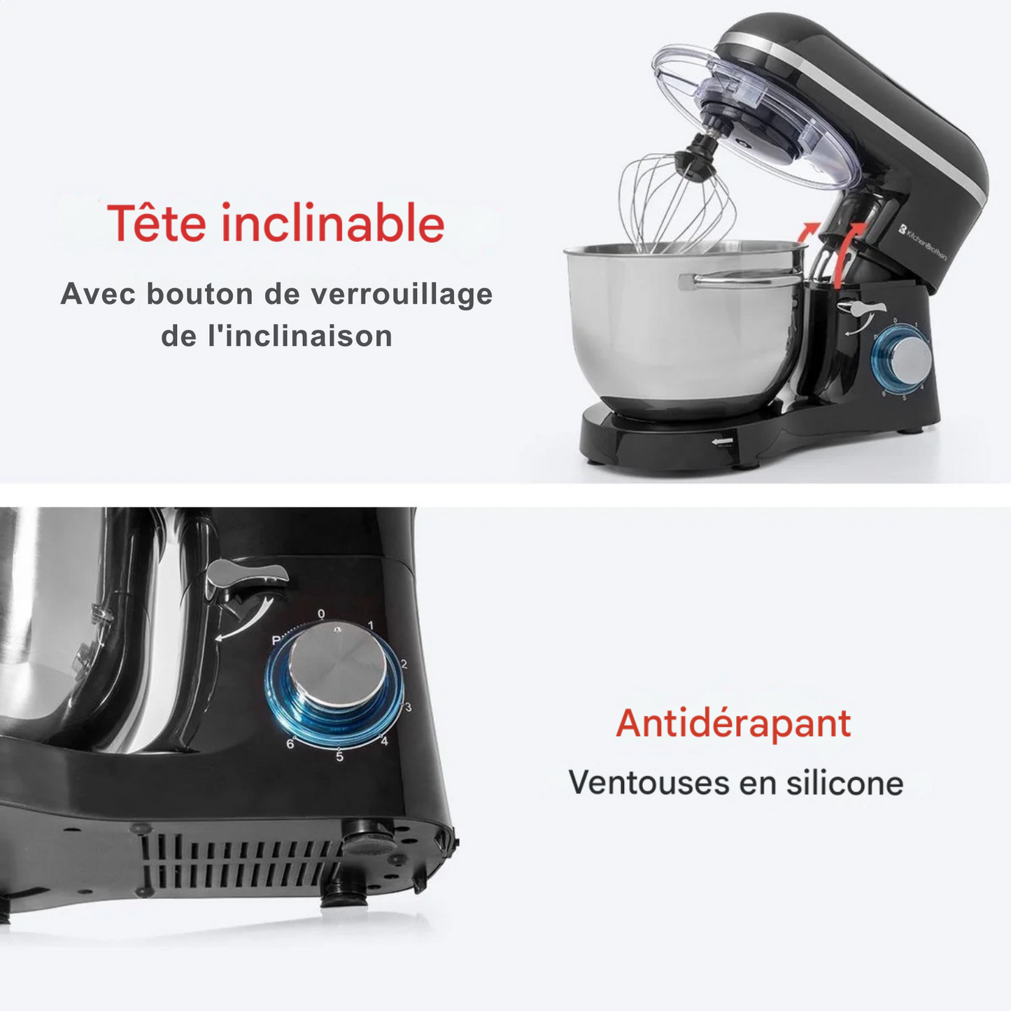 Robot Pâtissier 1400 W avec Bol 6 L en Inox – Noir | KitchenBrothers