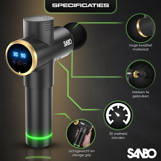 Sanbo Massage gun Elite - Massage sportif et relaxant - Noir/Or - Professionnel 30 étapes - Avec étui - Avec APP - Pistolet de massage - Appareil de massage - Fitness