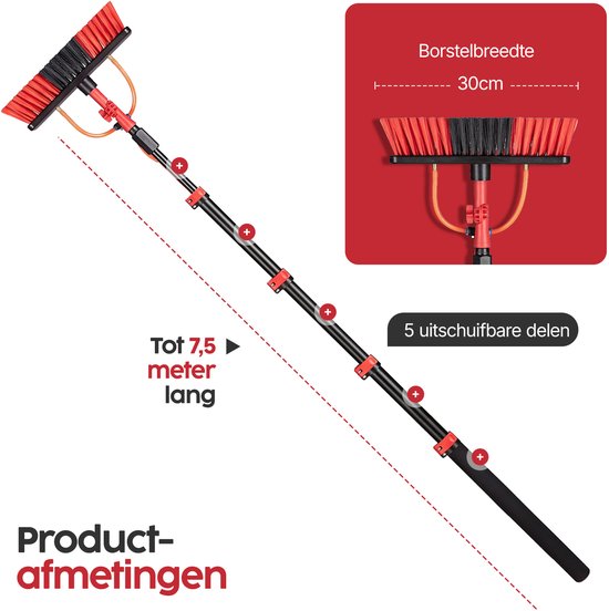 Brosse de lavage télescopique Infinity Goods 7,5 m - Nettoyeur de vitres - Raclette - Distributeur de savon - Passage d'eau - Noir/Rouge