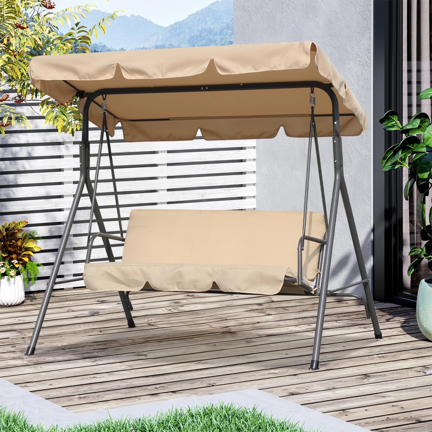 Balançoire de jardin Angel Living Hollywood 3 places avec pare-soleil - beige - env. 170 x 110 x 152 cm