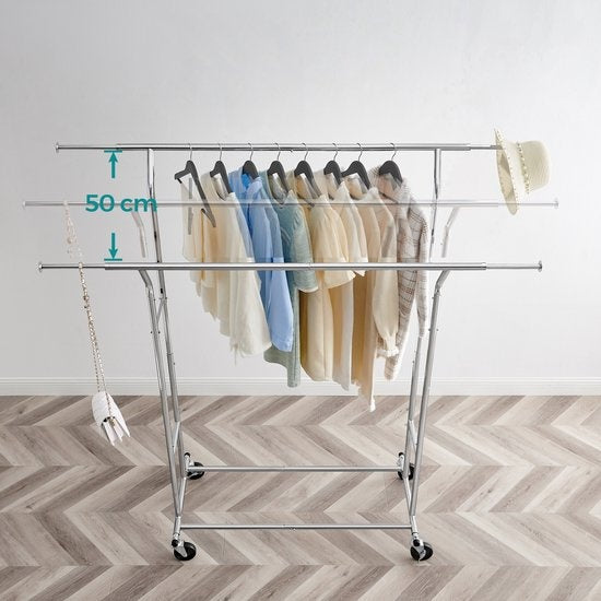 O'DADDY® Clothes Rack - Support de penderie - Double tige - Extensible et ajustable - Design stable - Capacité de charge de 110 kg - Métal - Argent