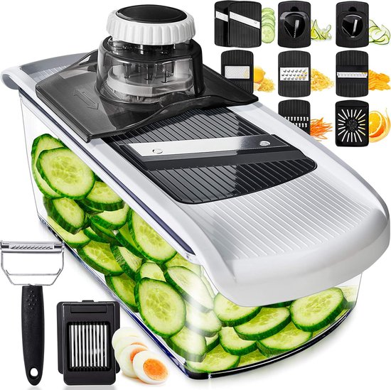 Stosh Mandoline - Coupe-légumes - Coupe-oignons - Coupe-spirale - Râpe - Plastique - 11 pièces - Sans BPA