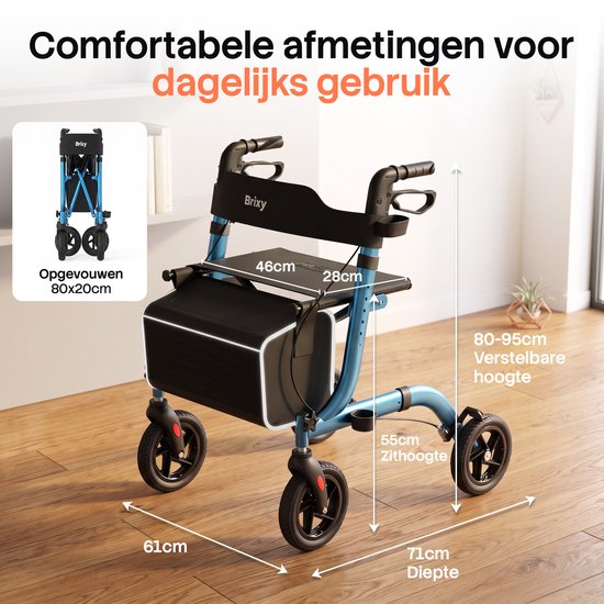 Rollator Brixy - Léger et pliable - Roues en caoutchouc à 360° - Siège intégré - Utilisation à l'intérieur et à l'extérieur - Dossier, sac et support pour canne - Bleu