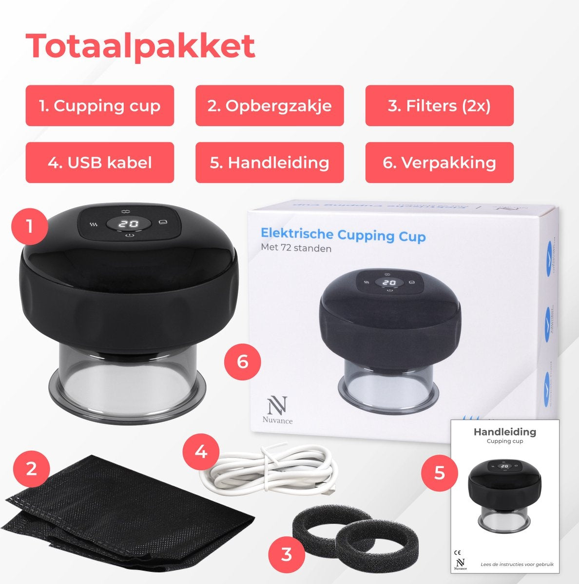 Nuvance - Appareil électrique de massage de la cellulite - 12 niveaux et températures - eBook inclus - Corps entier - Cupping Cups Set Massage - Cellulite Cups - Hijama Cups - Anti Cellulite