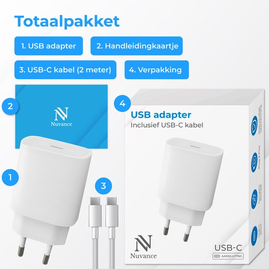 Adaptateur USB-C Nuvance - Chargeur rapide 30 W - Avec câble de 2 m (60 W) - USB-C - Chargeur - USB-C vers USB-C - Câble de recharge - Blanc