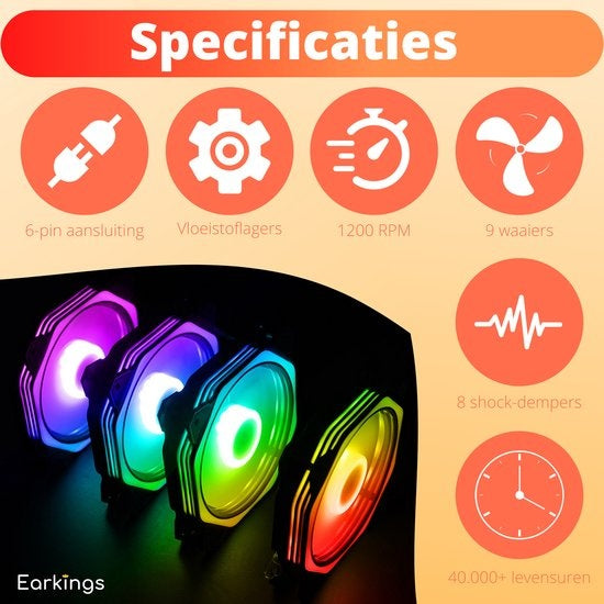 Ventilateur RGB pour PC - Ventilateur de boîtier 120mm 6-pin High Airflow - Ventilateur de boîtier d'ordinateur Earkings avec télécommande
