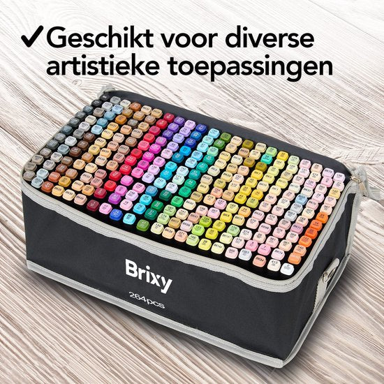 Brixy Twinmarkers 264 pièces - Marqueurs professionnels à alcool - pointe double face - marqueurs - sac de rangement avec support