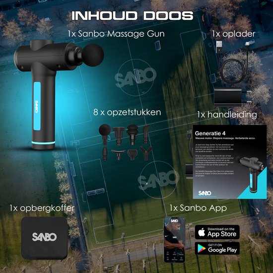 Sanbo Massage Gun - Génération 4 - Avec 8 accessoires et 30 étapes - En collaboration avec les physiothérapeutes - Professionnel - Appareil de massage sportif et de relaxation - Pistolet de massage