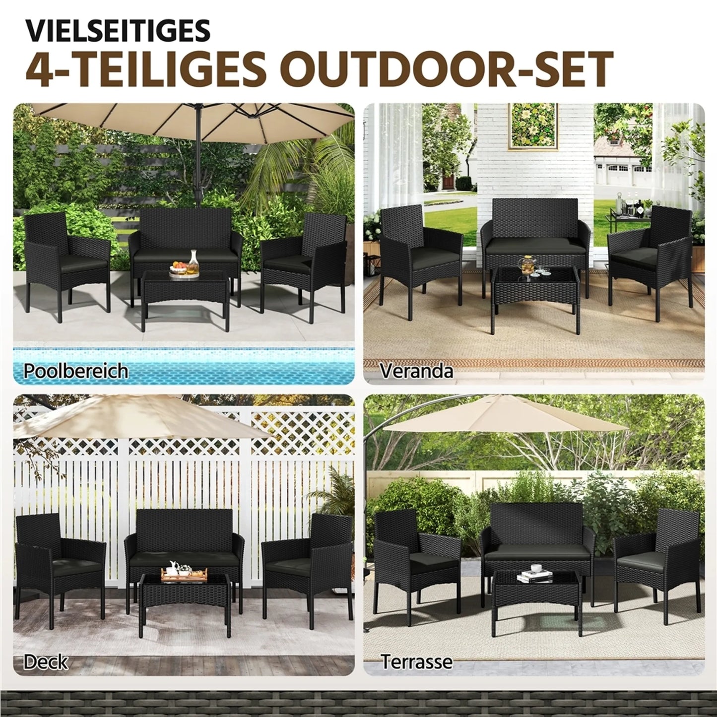 Yaheetech Garden Set Lounge Set 4-Piece - 100 x 59.5 x 83.5 cm - Equipé d'un plateau de table en PE-Rattan tressé à la main et de coussins lavables - Pour le jardin et le balcon - Polyéthylène noir et métal