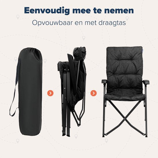 TRVLMORE Chaise de camping - Sac de transport inclus - Chaise pliante confortable - Capacité de charge de 150 kg - Chaise de camping - Rangement - Chaise pliante - Noir