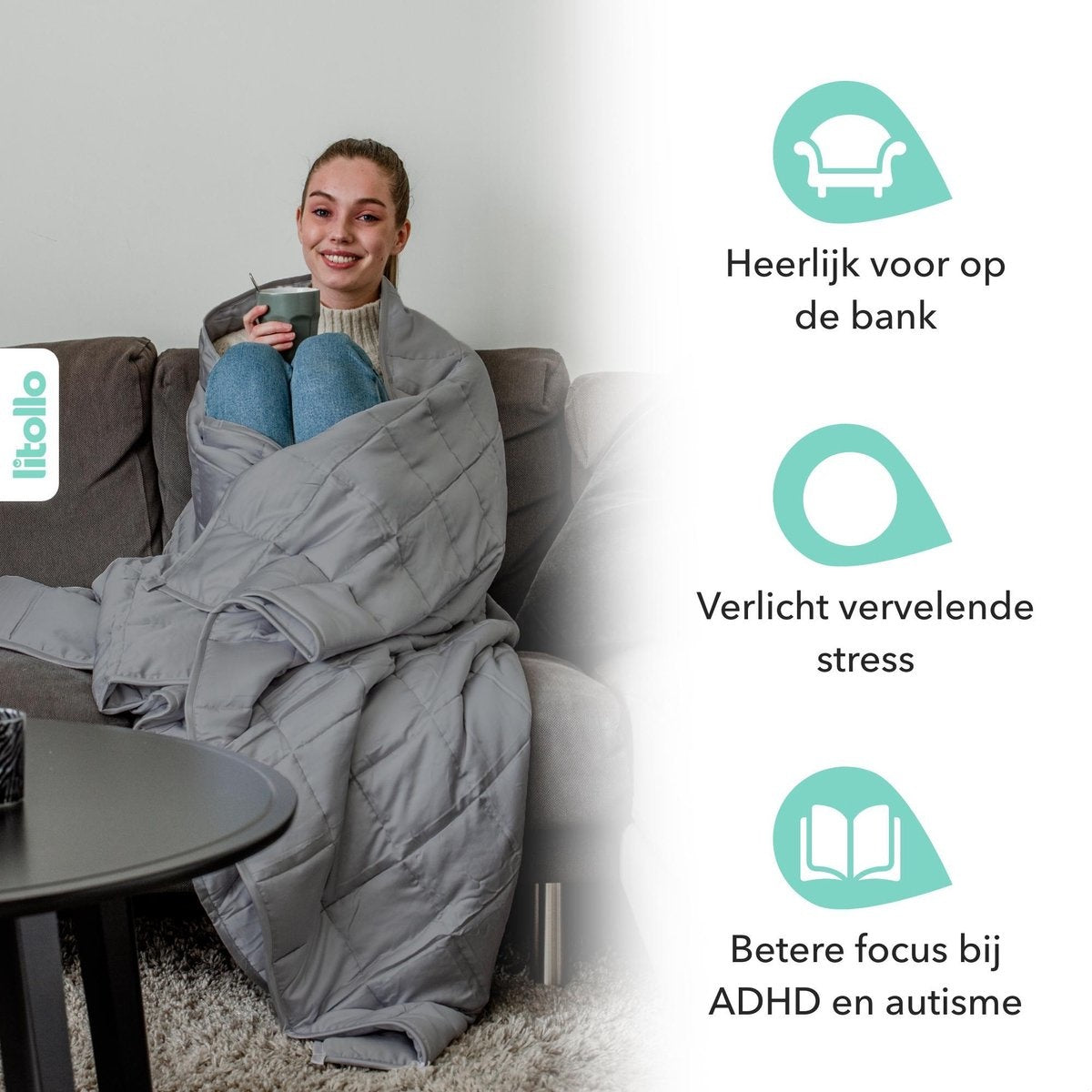 Litollo Weighted Blanket 7 kg - Couverture lestée - 4 saisons - Gris - 140x200cm - Garantie 5 ans incluse