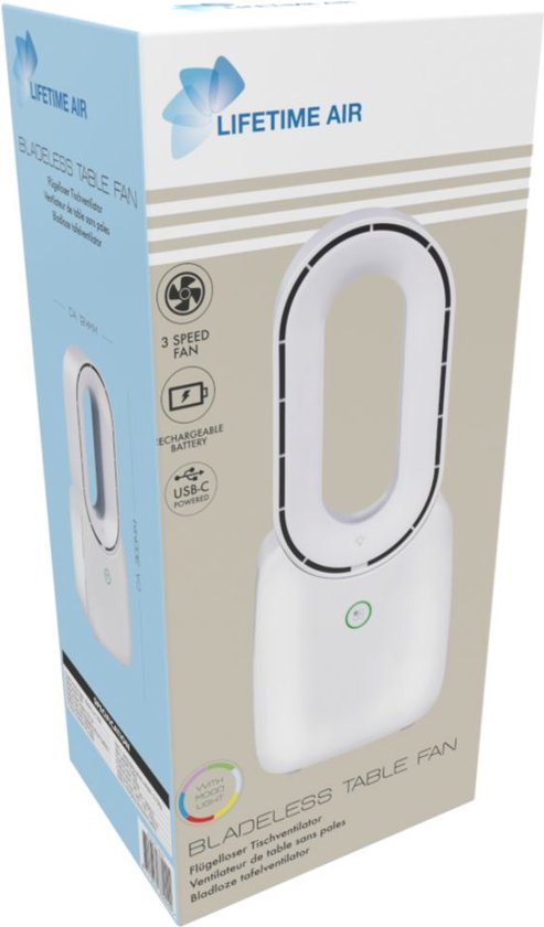 Ventilateur sans pale Lifetime Air - Ventilateur silencieux à trois vitesses - Ventilateur de bureau sans fil - Ventilateur de table avec éclairage d'ambiance LED - Rechargeable par USB-C - Design compact - 5W - Blanc