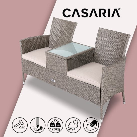 Banc de jardin Casaria Polyrattan - Coussin inclus - 143x55x88 cm Beige