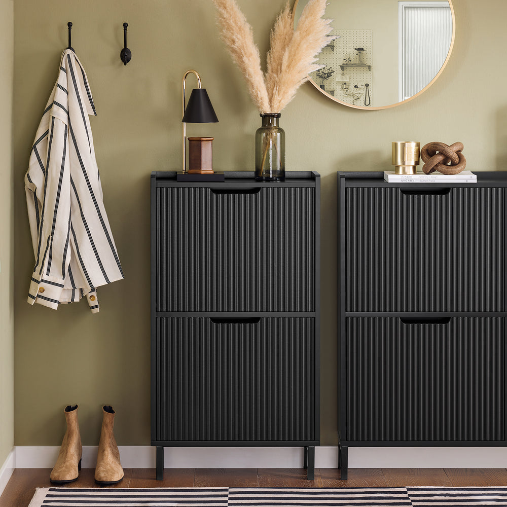 SoBuy FSR177-SCH Meuble à chaussures avec 2 abattants Meuble à chaussures étroit avec 4 étagères Meuble à chaussures noir