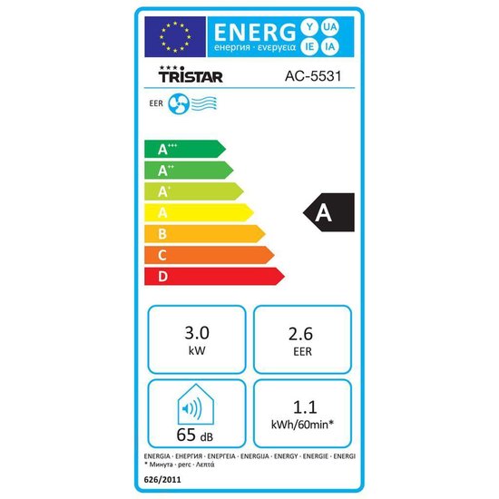 Climatiseur mobile Tristar AC-5531 10 500 BTU – Climatiseur, ventilateur et déshumidificateur 3-en-1 – Pour des pièces jusqu'à 38 m² – Minuterie et télécommande – Blanc