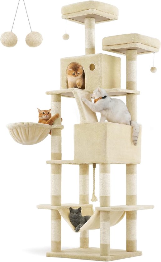 Arbre à chat XXL sans marque, 206 cm - Beige - 13 poteaux, 2 plateformes et un hamac