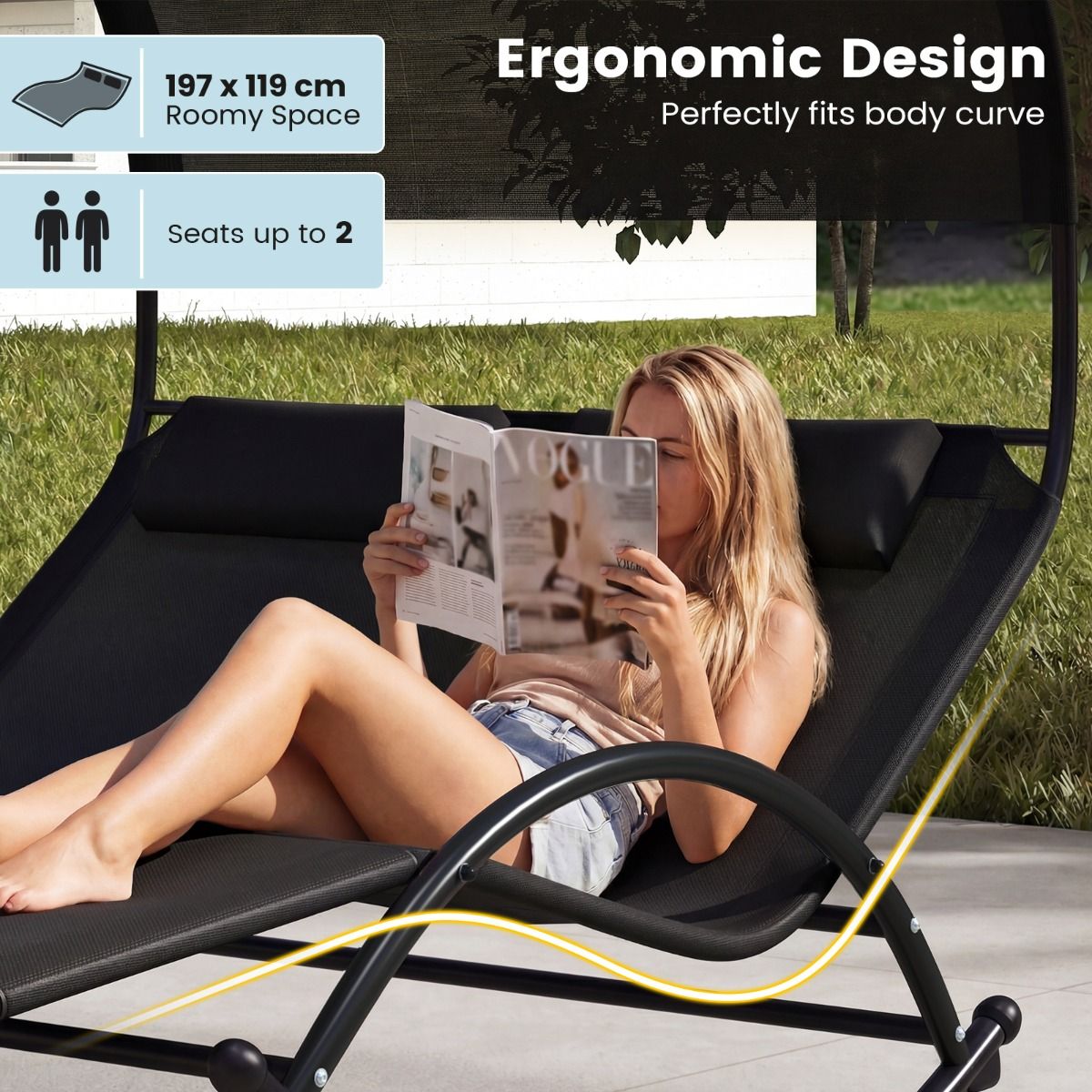 Chaise longue balancelle double Coast - avec auvent - coussins inclus - noir