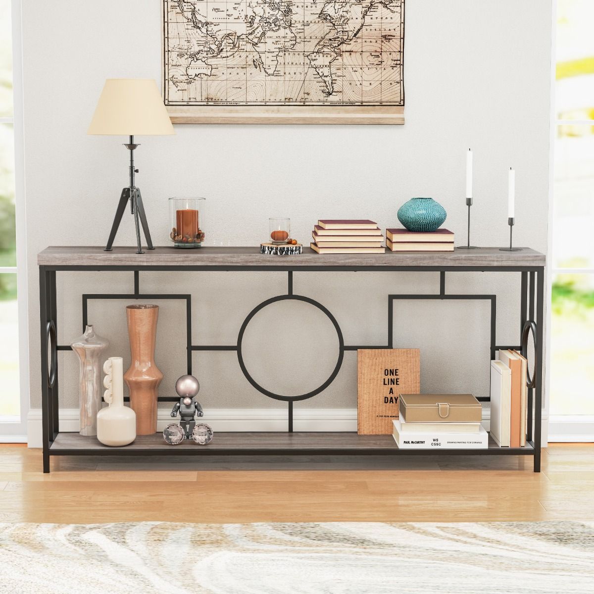 Table console Coast 180x30x80 cm Rustic Brown/Black - 2 niveaux, étroite, structure métallique solide