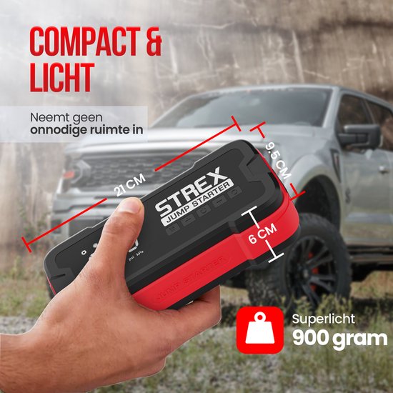 Strex 12V Jumpstarter for Car with Compressor - 4000A / 24,000 mAh - 5-in-1 Starting Aid with Compressor, Powerbank, LED Flashlight and SOS Emergency Light - Incl. Hardcover