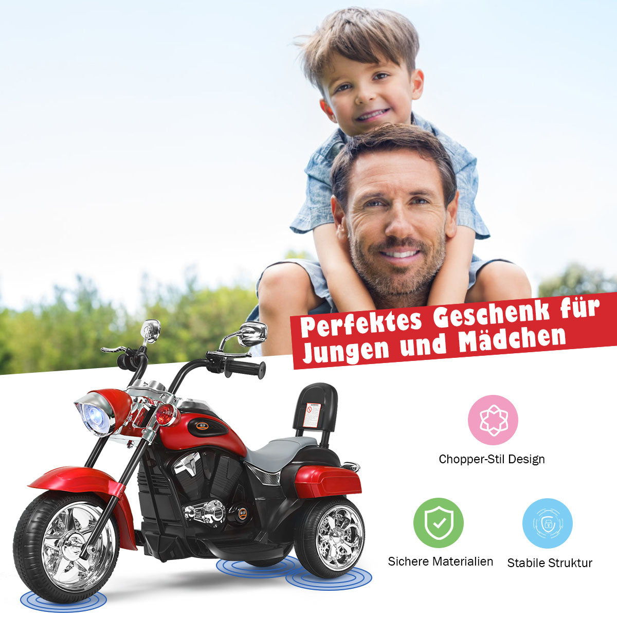 Moto électrique pour enfants - Coast - Style Chopper Moto - 91 x 48 x 64 cm - rouge + noir