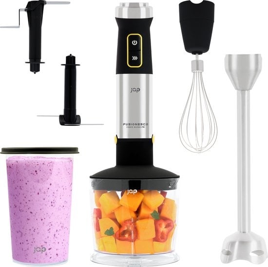 JAP Appliances ForceBlend F2 - 5in1 Hand blender set (1500W) - Comprend un hachoir, une tasse à mesurer, un broyeur à glace, un fouet et un batteur - Pour la soupe, la viande, les smoothies et les collations pour bébés - Black/RVS