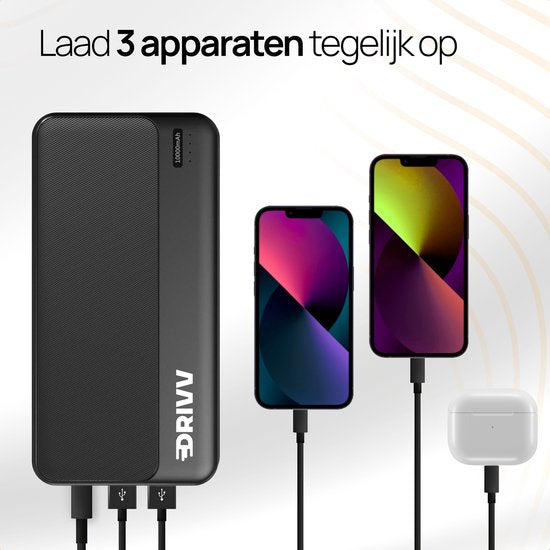 Drivv. Powerbank 10 000 mAh - Chargeur rapide 22,5W - Charge rapide USB 3.0 - USB C - Convient à Samsung / iPhone / autres - Noir