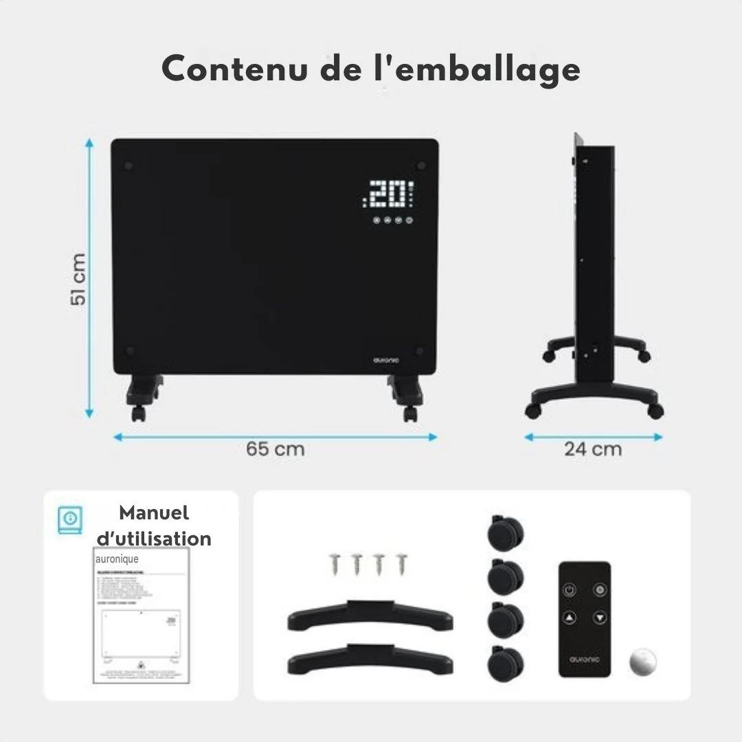 Chauffage électrique Auronic - Convecteur - Thermostat et télécommande - Radiateur à panneau en verre - 1500 W - Noir