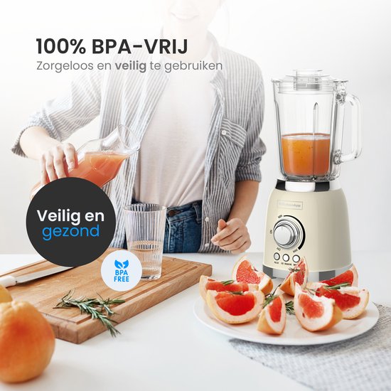 KitchenApp Retro Blender 1.5L - Cruche en verre - 800W - Glace pilée, Smoothie & Pulse - Beige