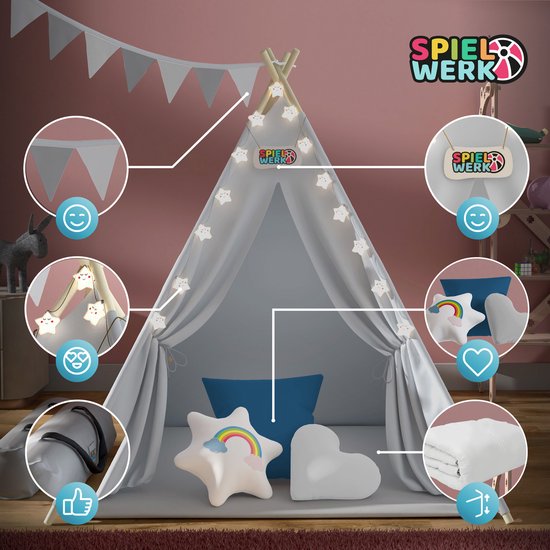 Spielwerk Tente de jeu - LED 3 coussins tendeurs 130x130x160cm - Gris