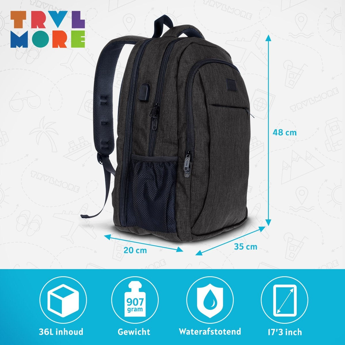 TRVLMORE Sac à dos - 36L - 17.3 inch - Sac à dos pour ordinateur portable - Sac d'école - Unisex - Splashproof Anthracite
