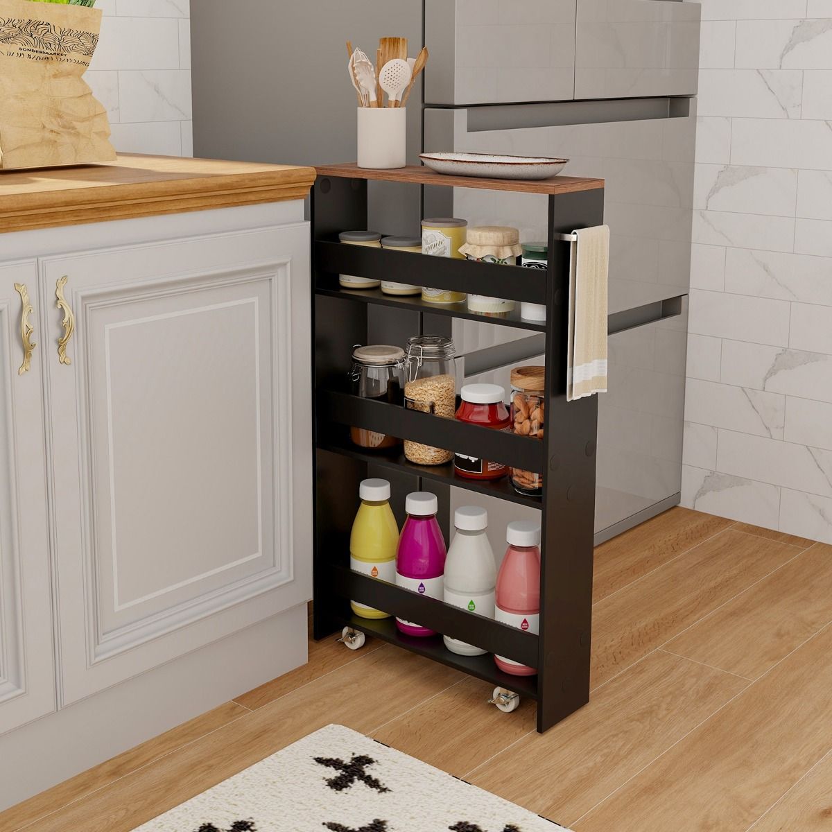 Coast Kitchen Trolley On Wheels - 4-Layer - 47.5 x 13 x 80.5 cm - Black/Nature