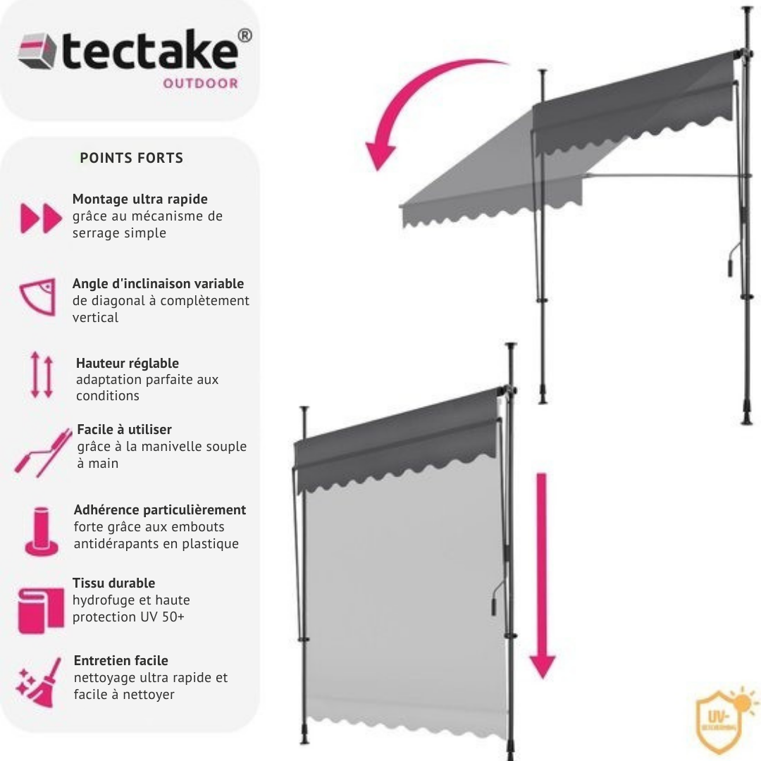 Store - Tectake - Store à pinces - Parasol réglable - 150 x 180 cm - Noir