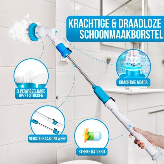 Brosse à récurer électrique Strex - Sans fil - 3 accessoires - Manche télescopique