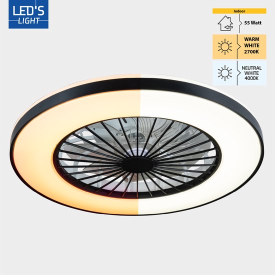 Ventilateur de plafond LED's Light avec lumières 48 cm - Vitesse de ventilation et télécommande - Plafonniers avec ventilateur et lampe - Noir