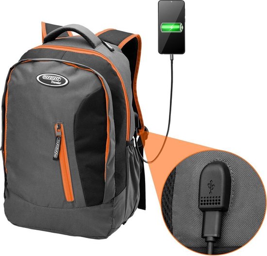 Sac à dos pour ordinateur portable - 34L avec port USB et compartiment pour ordinateur portable 15,6" - Gris / Orange