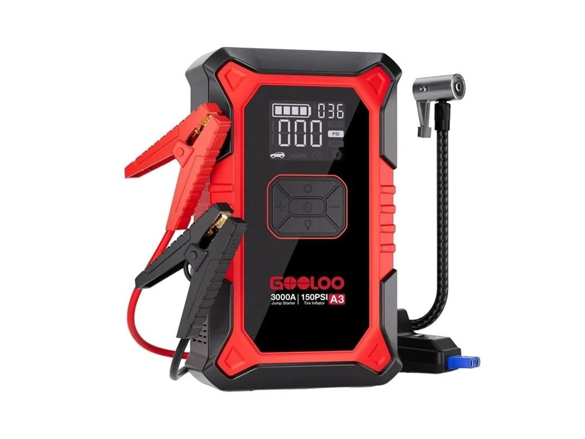 Gooloo A3 : démarreur d'urgence 2-en-1 avec compresseur - 3 000 A - 150 PSI - batterie externe et lampe LED - Rouge/Noir